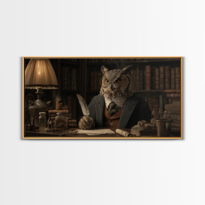 Scholar Owl In Antique Library Canvas Print, Whimsical Animal Wall Art, Dark Academia Decor, Book Lover Gift, Office Art