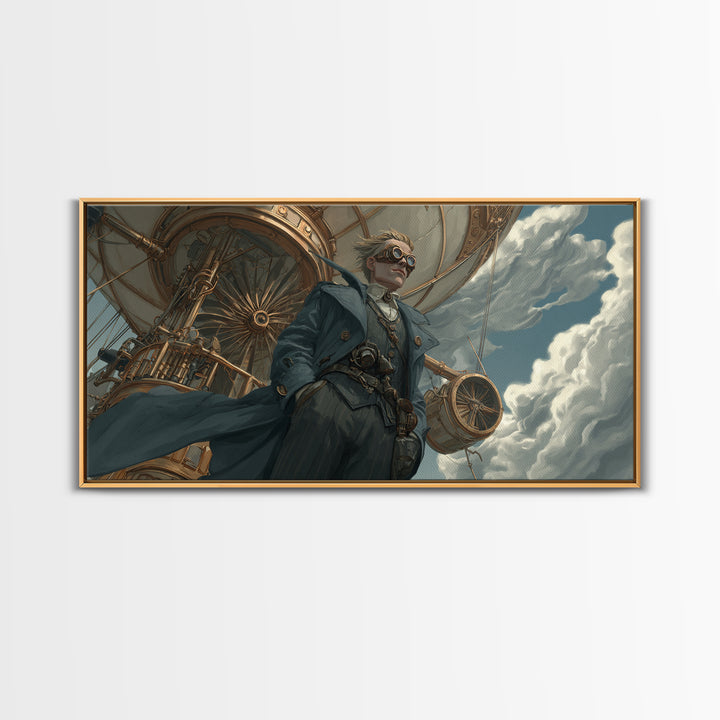 Steampunk Aviator In Blue Coat Canvas Print, Fantasy Wall Art, Industrial Airship Decor, Dramatic Office Art Gift For Him