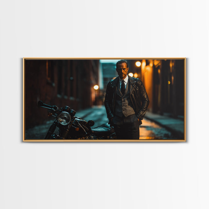 Moody Biker With Motorcycle In Rainy Alley Framed Canvas Print, Masculine Wall Art, Urban Wall Decor, Man Cave Gift For Him