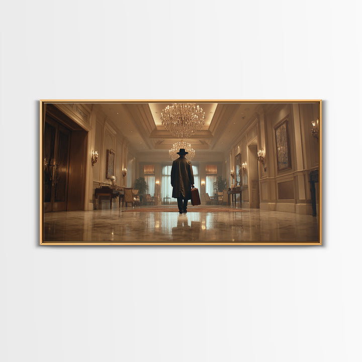 Mysterious Traveler In Luxury Hotel Lobby Canvas Print, Moody Wall Art, Dark Academia Decor, Grand Hallway Office Art Gift