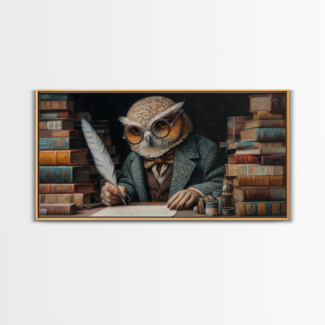 Scholarly Owl Writing Among Antique Books Framed Canvas Print, Whimsical Wall Art, Library Decor, Dark Academia, Bird Lover Gift