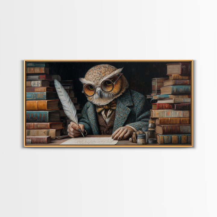 Scholarly Owl Writing Among Antique Books Framed Canvas Print, Whimsical Wall Art, Library Decor, Dark Academia, Bird Lover Gift