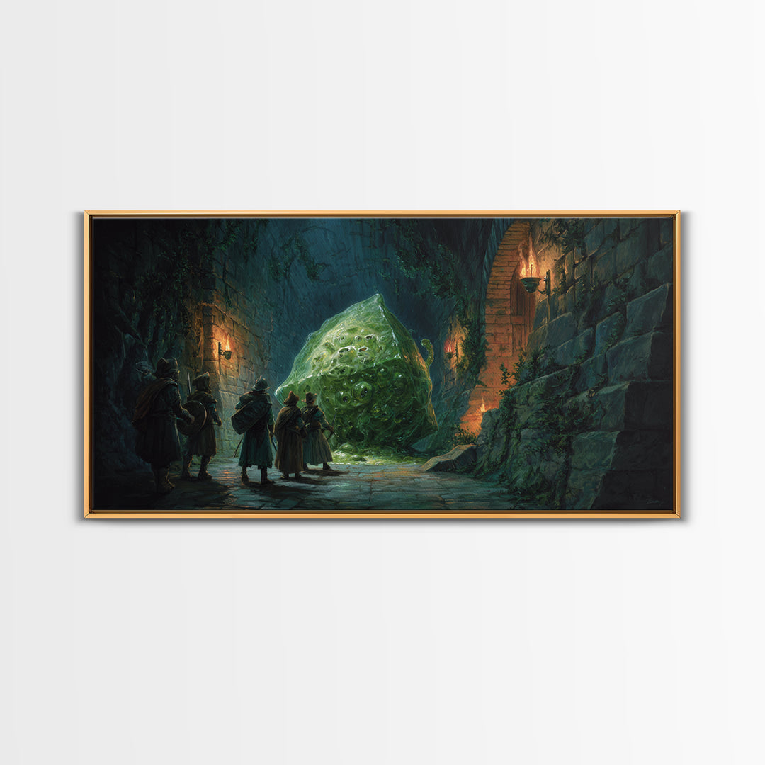 Adventurers Face A Green Slime Monster Canvas Print, Fantasy Art, Dungeon Wall Decor, Dnd Art Print, Gaming Room Decor, Gift