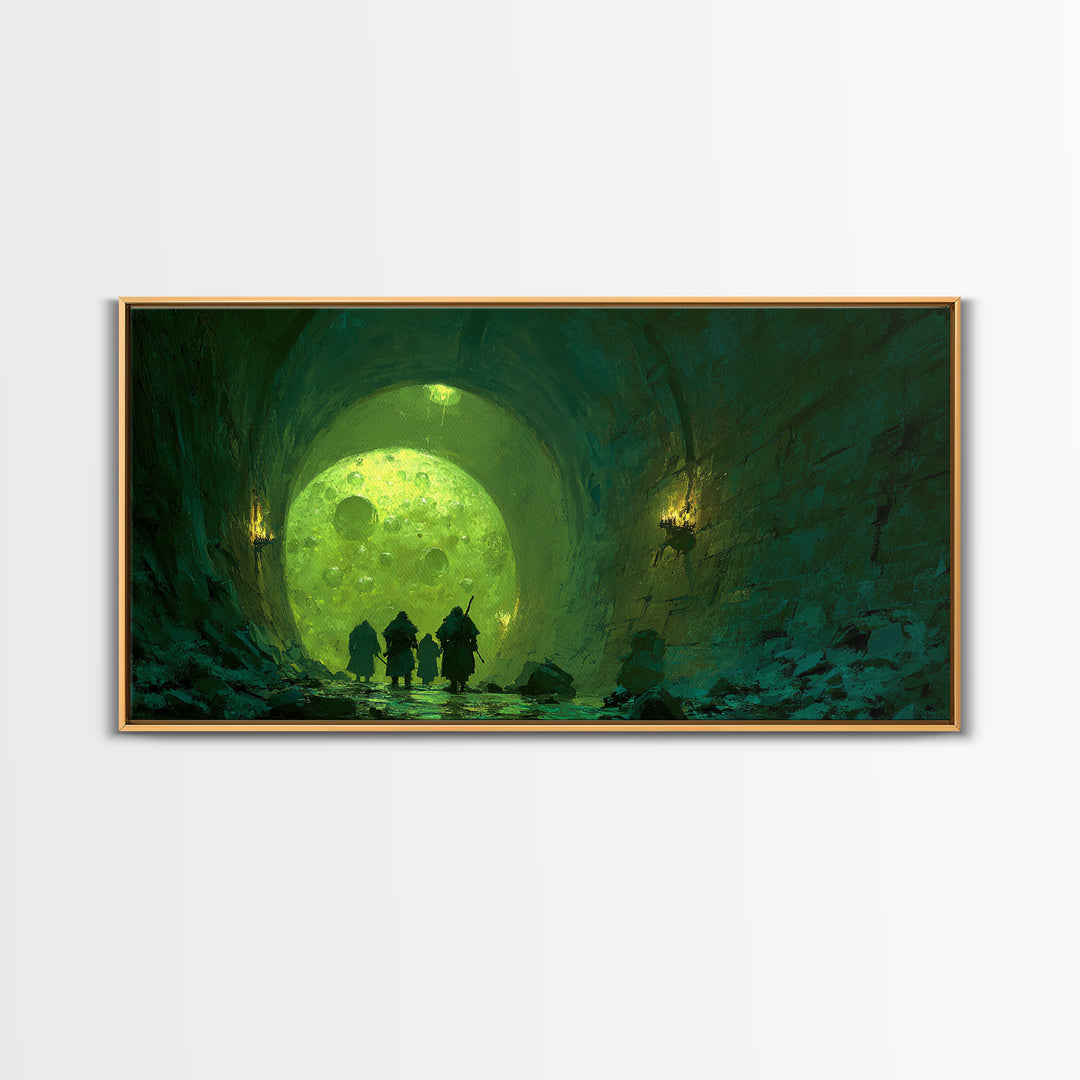 Glowing Green Moon Tunnel Wall Art, Dark Fantasy Landscape, Dungeon Decor, Whimsical Art Print, Gaming Room Wall Decor, Gift