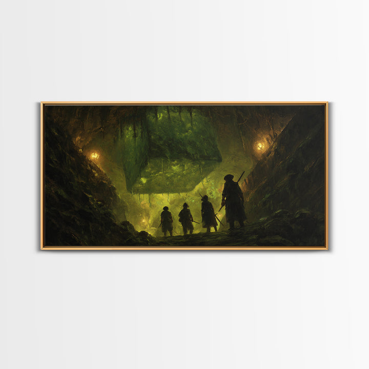 Adventurers Discover Floating Green Cube Canvas Print, Fantasy Cavern Wall Art, Dnd Decor, Gaming Room Art, Unique Gift Idea