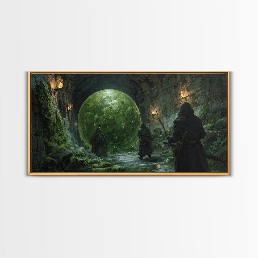 Cloaked Rangers Approach Green Orb Framed Canvas Print, Fantasy Dungeon Wall Art, Gothic Decor, Dnd Art, Gaming Room Decor