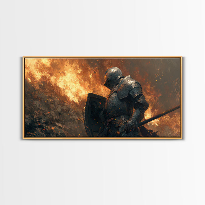 Armored Knight In Blazing Battlefield Canvas Print, Medieval Fantasy Art, Warrior Wall Decor, Gothic Wall Art, Gift For Him