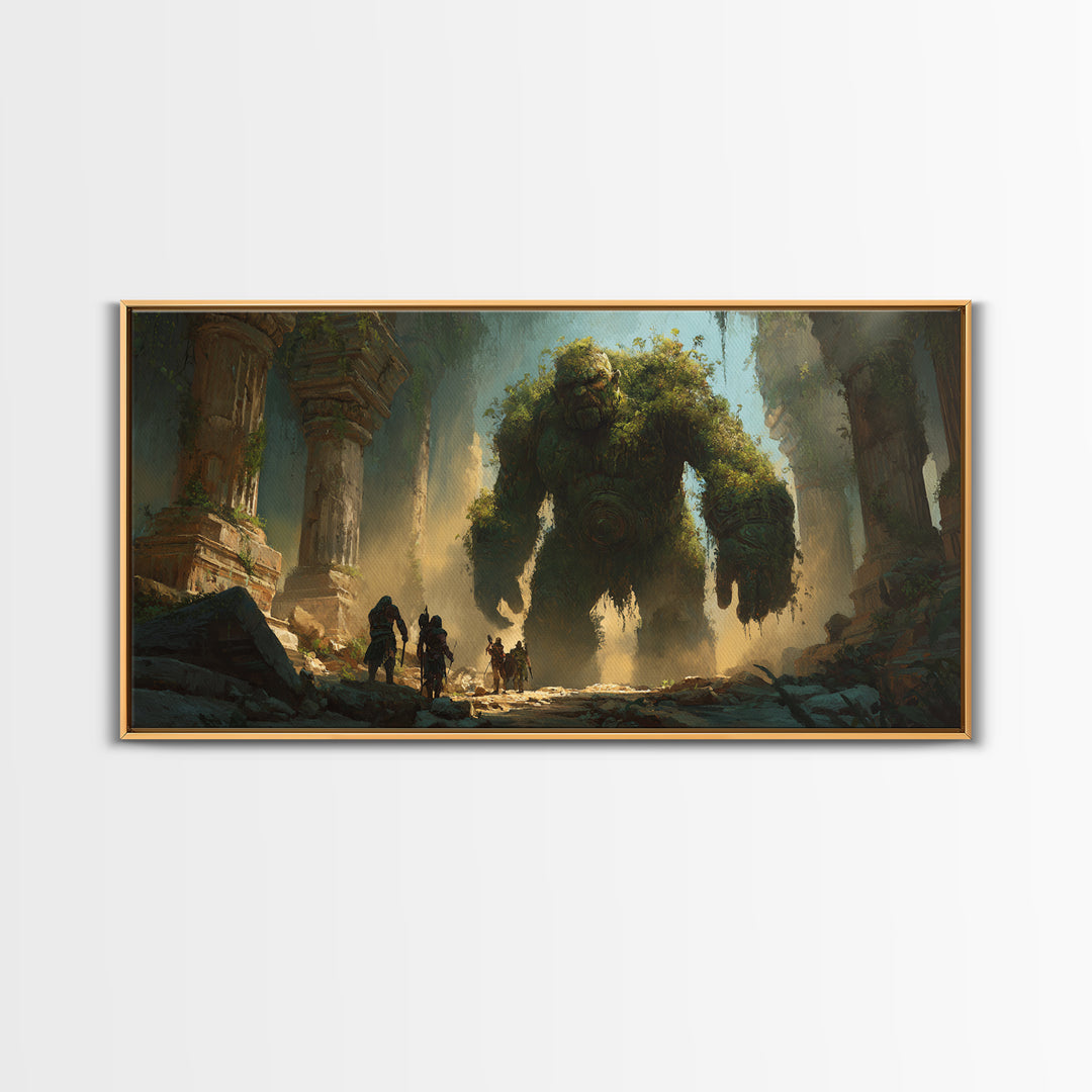Ancient Moss Giant In Overgrown Temple Ruins Canvas Print, Fantasy Wall Art, Mythical Adventure Home Decor Gift For Gamer