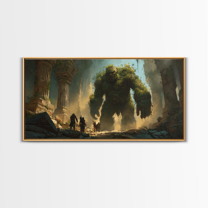 Ancient Moss Giant In Overgrown Temple Ruins Canvas Print, Fantasy Wall Art, Mythical Adventure Home Decor Gift For Gamer