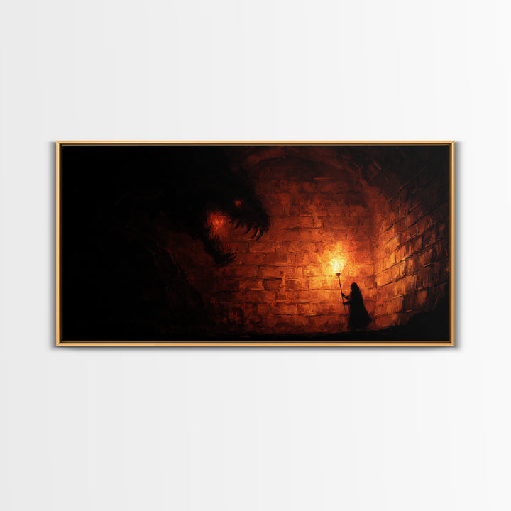 Cloaked Figure With Torch Facing Dungeon Beast Canvas Print, Gothic Wall Art, Dark Fantasy Creepy Horror Decor Gift For Him