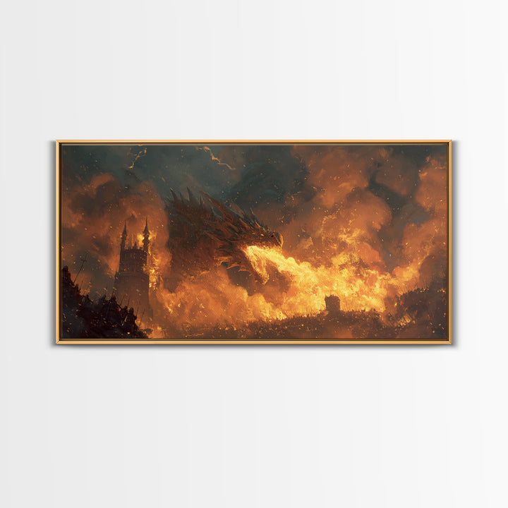 Red Dragon Breathing Fire Over War Torn Kingdom Framed Canvas Print, Epic Fantasy Wall Art, Medieval Castle Decor Gift For Him