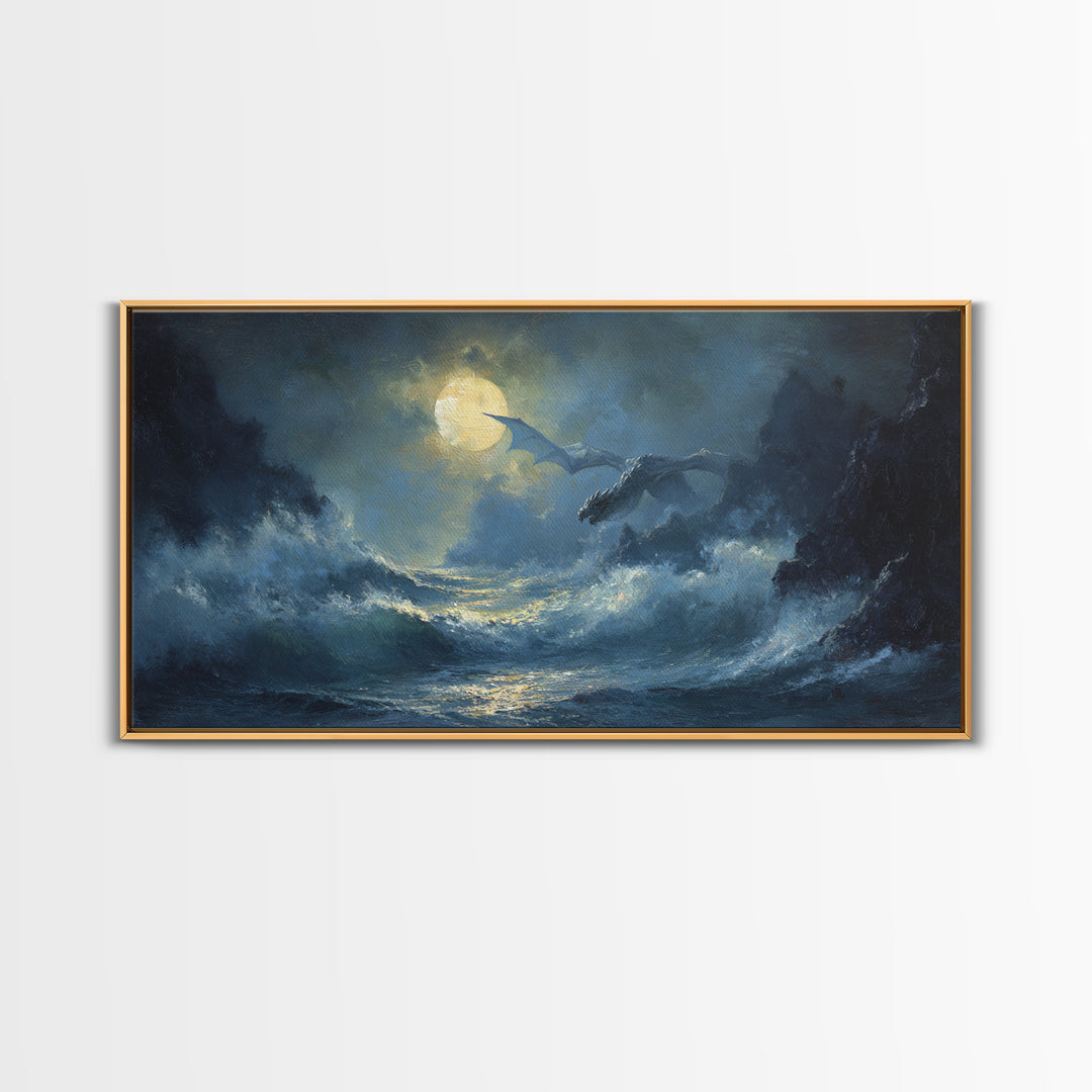 Moonlit Dragons Flying Over Stormy Ocean Waves Canvas Print, Fantasy Seascape Wall Art, Coastal Gothic Bedroom Decor Gift