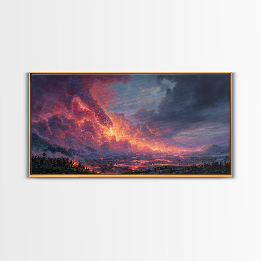 Glowing Lava Dragon Above Volcanic Valley Framed Canvas Print, Fantasy Landscape Wall Art, Dramatic Game Room Decor Gift For Him