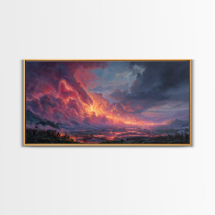 Glowing Lava Dragon Above Volcanic Valley Framed Canvas Print, Fantasy Landscape Wall Art, Dramatic Game Room Decor Gift For Him