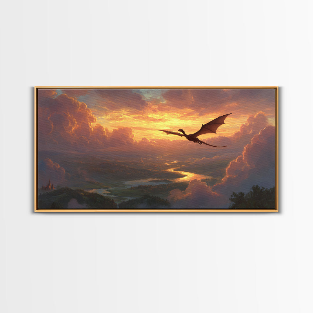 Sunset Dragon Over Golden River Valley Canvas Print, Fantasy Landscape Wall Art, Epic Castle Decor, Large Panoramic Artwork
