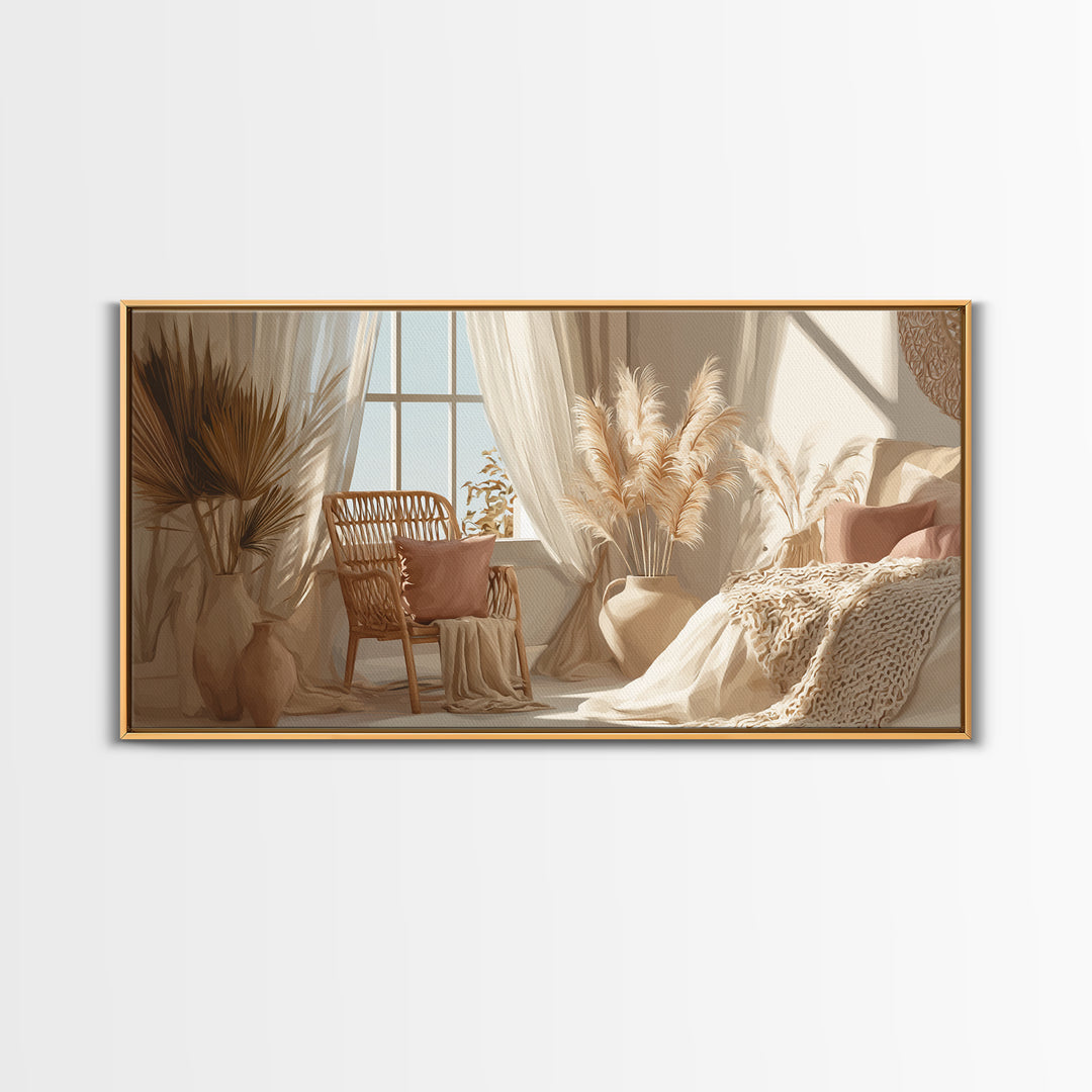 Sunlit Boho Bedroom With Pampas Grass Framed Canvas Print, Neutral Wall Art, Cozy Home Decor, Above Bed Decor Gift For Her