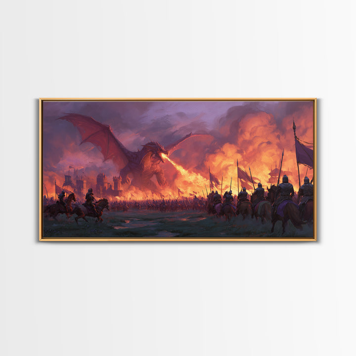 Fire Breathing Dragon Battlefield Canvas Print, Dark Fantasy Wall Art, Medieval Castle Decor, Epic Warrior Battle Scene Artwork