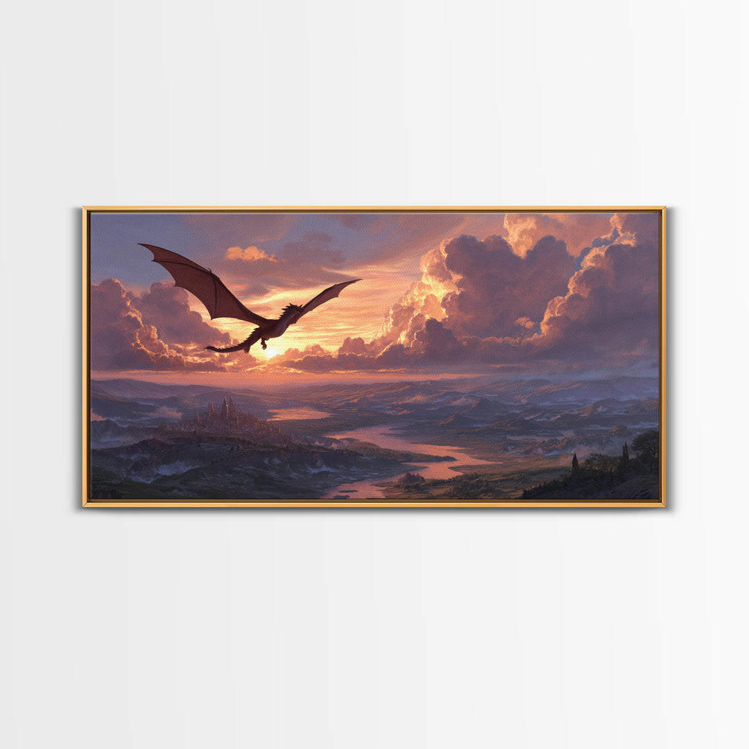 Black Dragon Gliding Above Sunset Kingdom Framed Canvas Print, Fantasy Landscape Wall Art, Castle Lake Decor, Epic Wall Decor