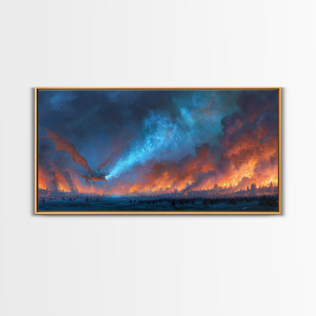 Blue Fire Dragon Over Burning Battlefield Canvas Print, Dark Fantasy Wall Art, Epic War Decor, Large Medieval Battle Artwork