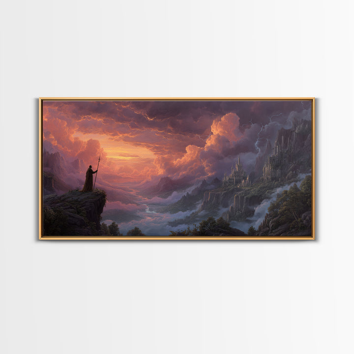 Cloaked Wizard Over Misty Castle Valley Framed Canvas Print, Fantasy Landscape Wall Art, Gothic Mountain Decor, Epic Artwork