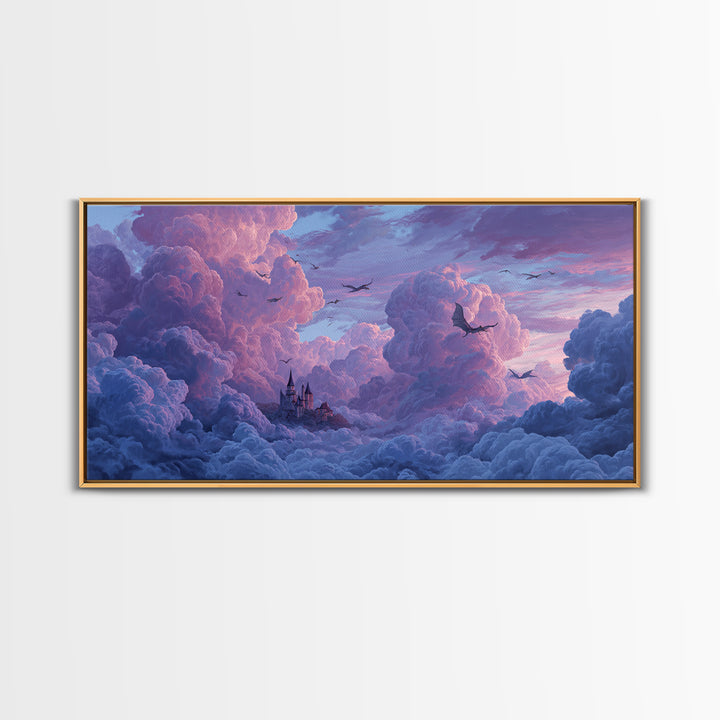 Dragons Soaring Through Lavender Clouds Canvas Print, Whimsical Fantasy Wall Art, Floating Castle Decor, Dreamy Sky Artwork