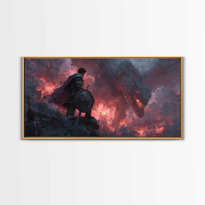 Lone Warrior Facing Shadow Dragon Framed Canvas Print, Dark Fantasy Wall Art, Gothic Battle Decor, Epic Medieval Artwork