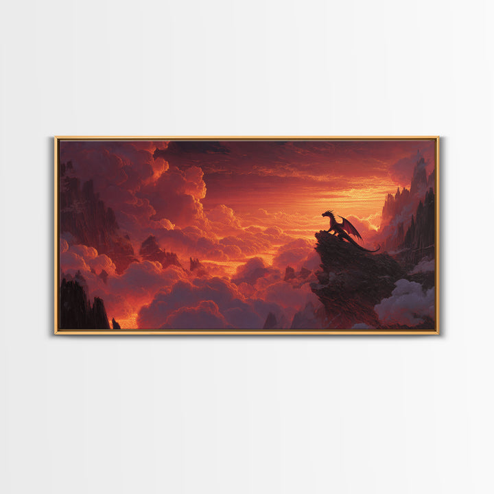 Lone Dragon On Cliff At Fiery Sunset Wall Art, Epic Fantasy Landscape, Medieval Castle Decor, Dramatic Canvas Print Gift