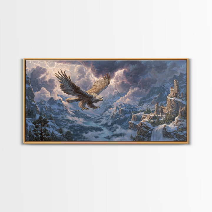 Giant Eagle Over Snowy Mountain Castle Framed Canvas Print, Epic Fantasy Landscape Wall Art, Wildlife Decor, Gift For Him