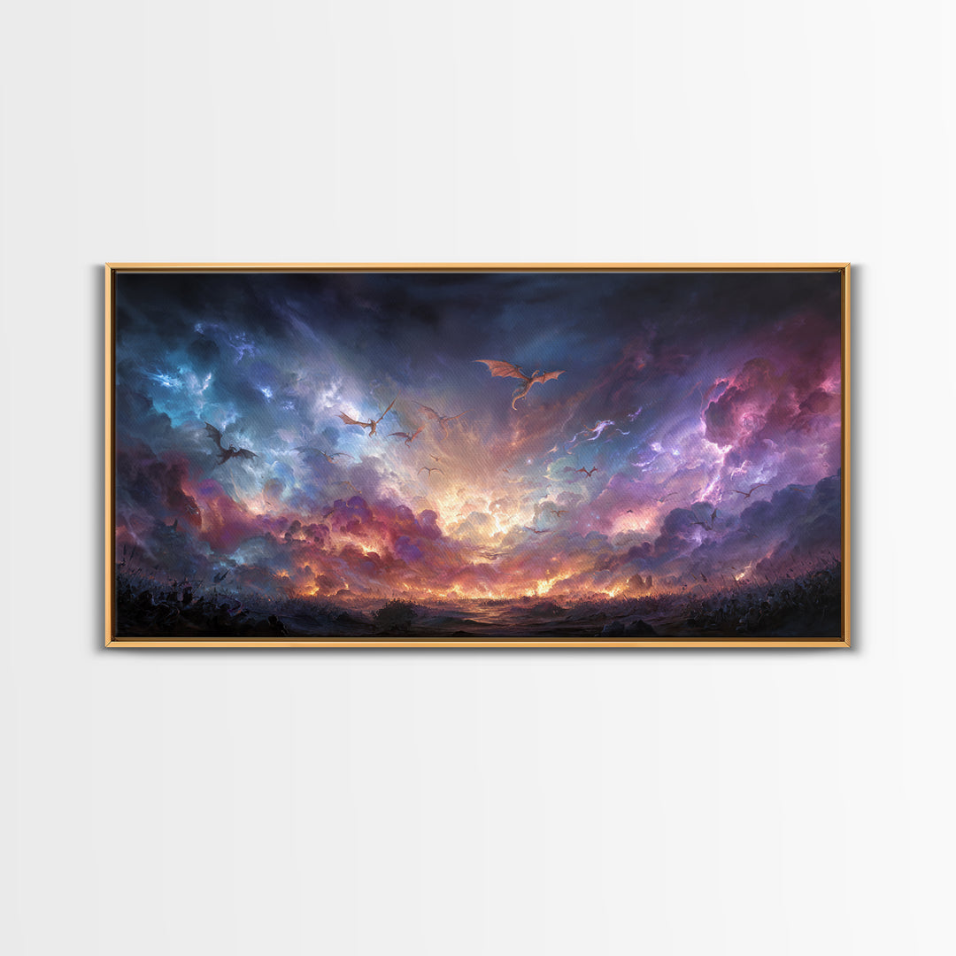 Dragons Flying Through Stormy Cosmic Sky Wall Art, Dark Fantasy Landscape Canvas Print, Surreal Decor, Gamer Room Art, Moody Wall Decor