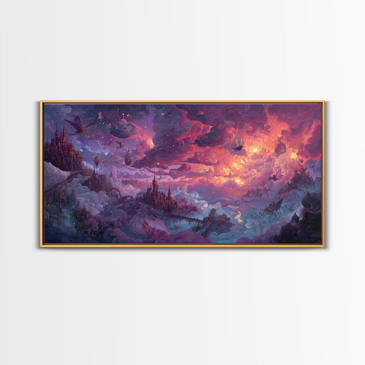 Cloud Kingdom Castles In Pink Twilight Wall Art, Whimsical Fantasy Landscape Canvas Print, Dreamy Nursery Decor, Gift For Kids Room