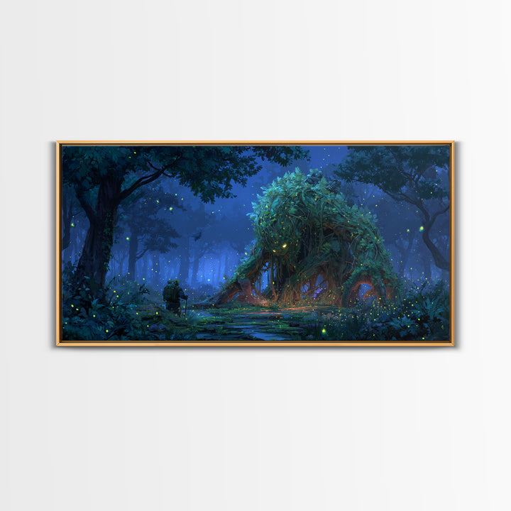 Glowing Forest Spirit Beneath Starry Trees Wall Art, Whimsical Fantasy Canvas Print, Woodland Nursery Decor, Nature Gift