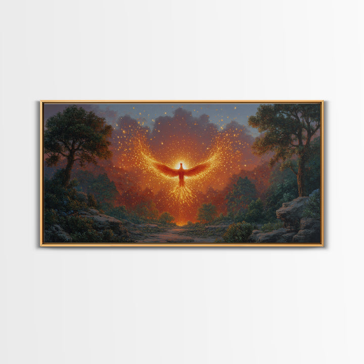 Glowing Phoenix Spirit In Enchanted Forest Wall Art, Fantasy Landscape Canvas, Mystical Home Decor, Magical Gift For Her