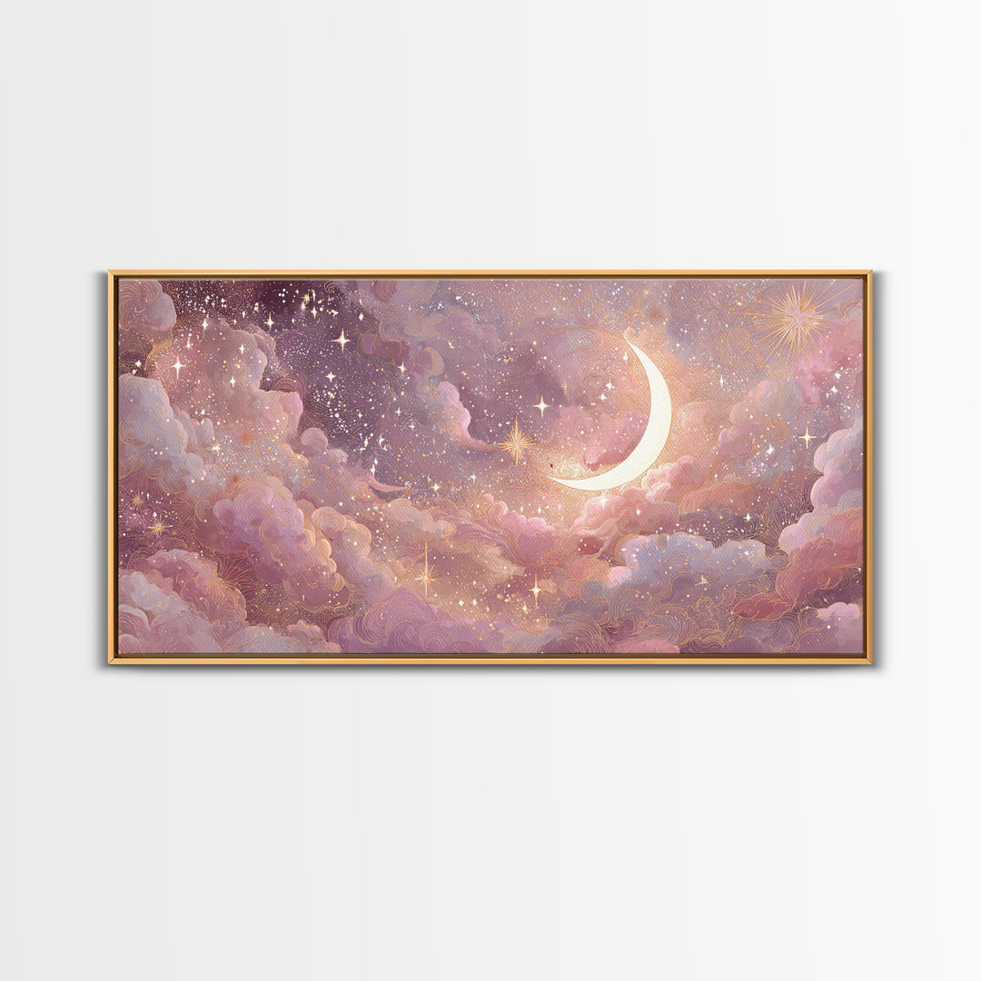 Pastel Crescent Moon And Starry Cloud Wall Art, Celestial Art Print, Whimsigoth Decor, Nursery Room Wall Decor, Gift For Her