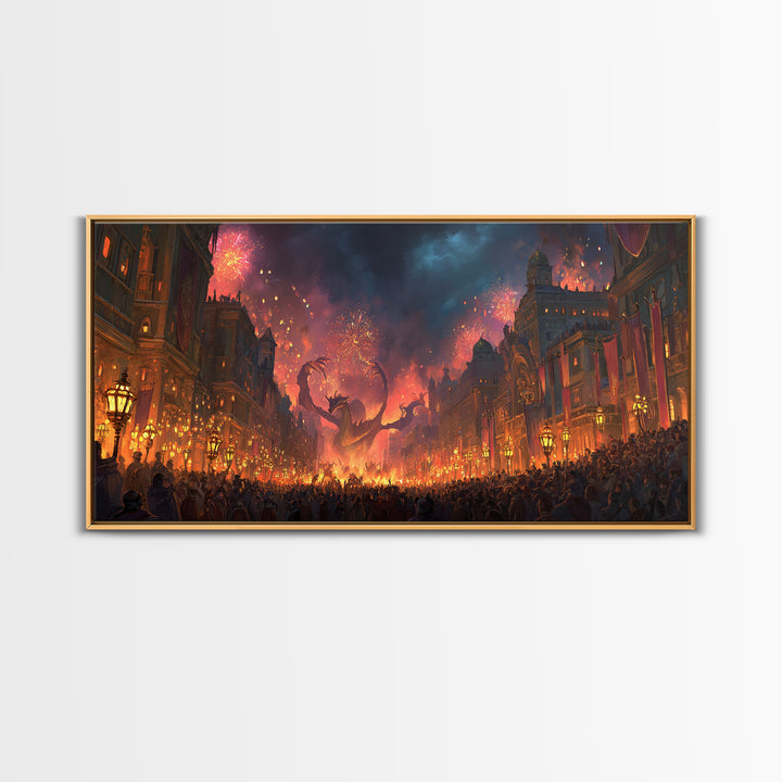 Fiery Dragon Festival In Grand City Wall Art, Dark Fantasy Canvas Print, Maximalist Decor, Gaming Room Poster Gift For Him