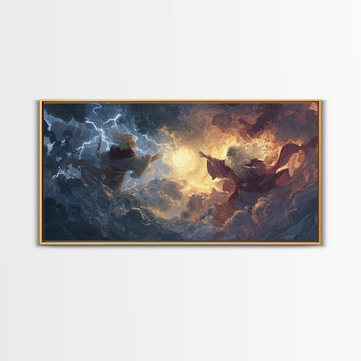 Storm Wizards Casting Light In Celestial Clouds Canvas Print, Fantasy Wall Art, Mystical Decor, Dramatic Surreal Art Gift