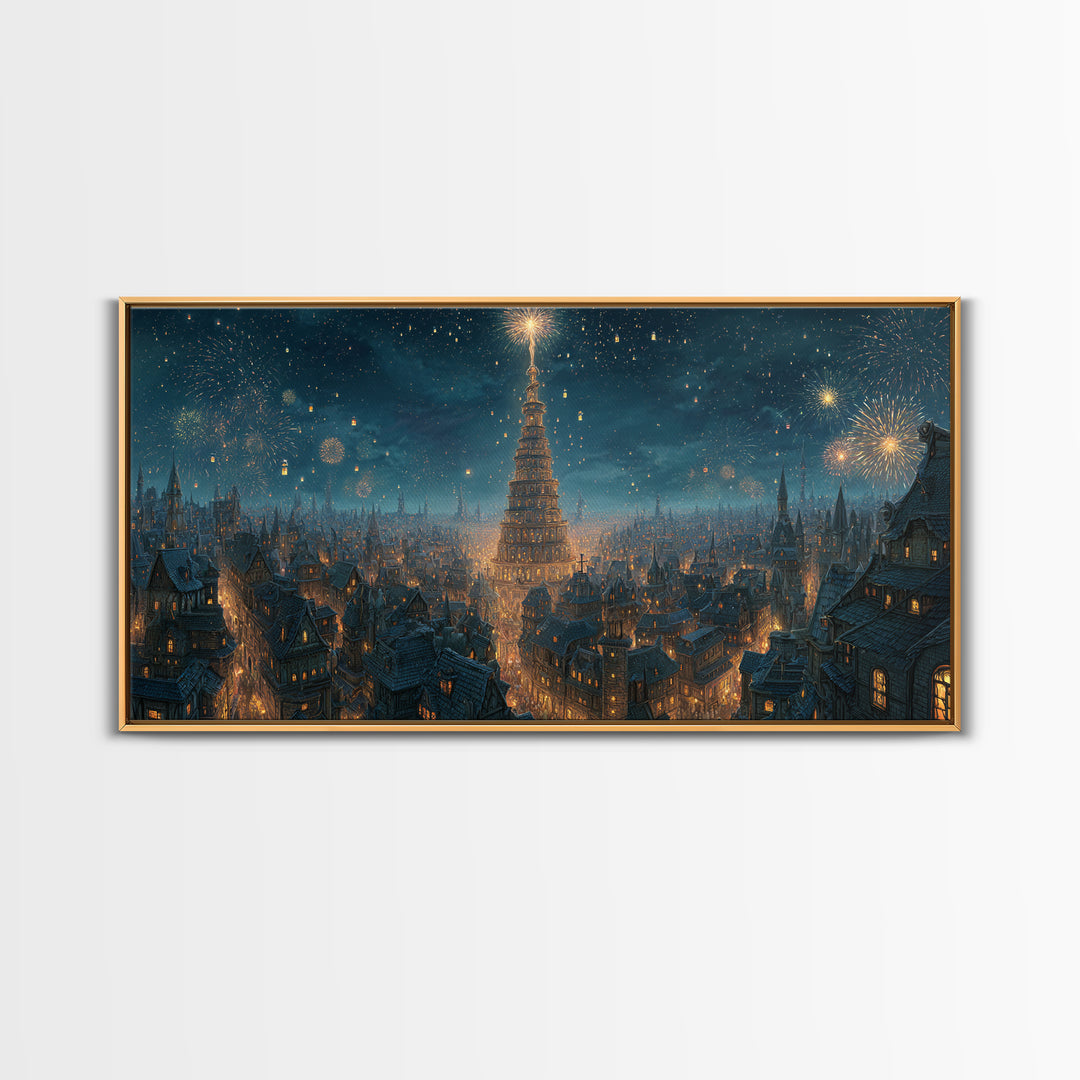 Starry Winter City With Towering Yule Tree Framed Canvas Print, Fantasy Wall Art, Holiday Decor, Magical Christmas Wall Decor Gift