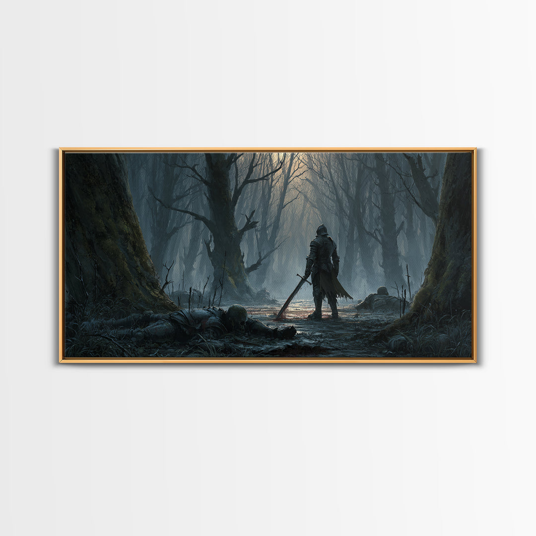 Lone Knight In Haunted Swamp Forest Wall Art, Dark Fantasy Canvas Print, Gothic Decor, Moody Medieval Home Decor Gift For Him