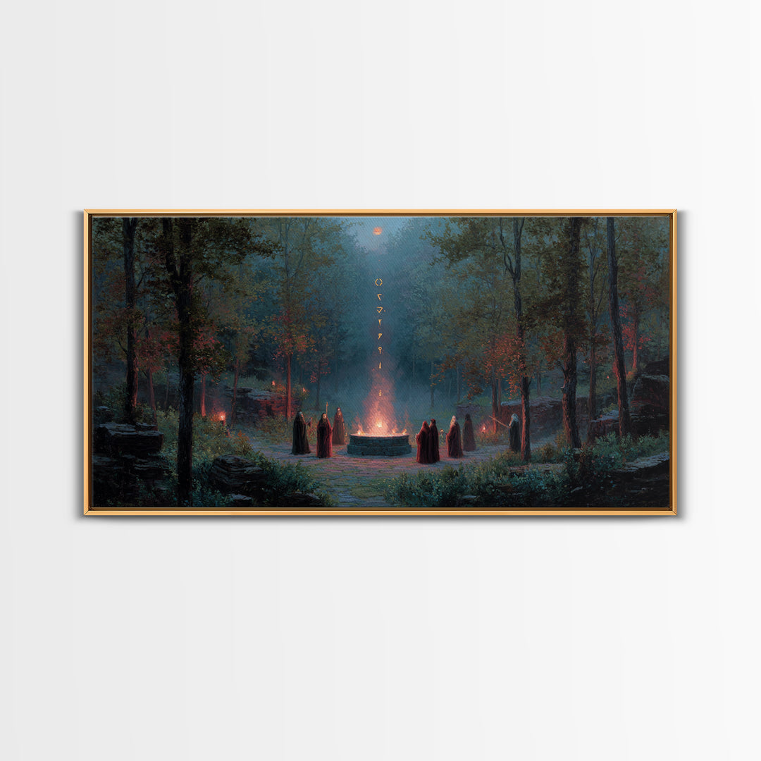 Hooded Druids Around Moonlit Forest Altar Wall Art, Dark Fantasy Canvas Print, Gothic Witchy Decor, Mystical Home Decor Gift