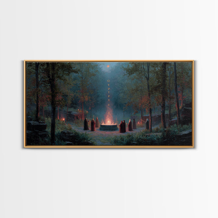 Hooded Druids Around Moonlit Forest Altar Wall Art, Dark Fantasy Canvas Print, Gothic Witchy Decor, Mystical Home Decor Gift