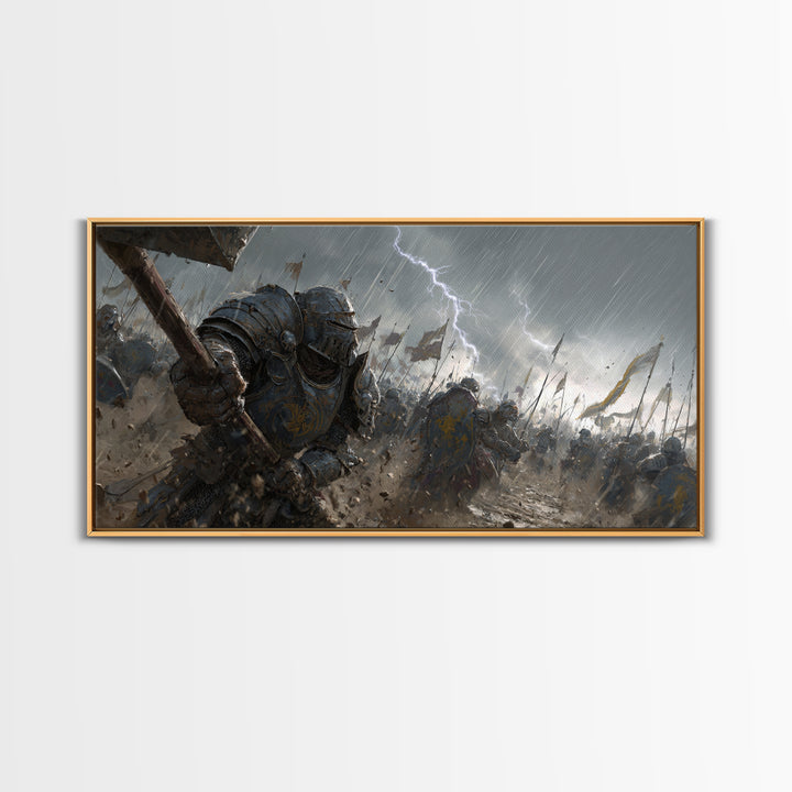Knights In Rainy Lightning Battlefield Canvas Print, Medieval Fantasy Wall Art, Epic Dark War Decor, Game Room Gift For Him
