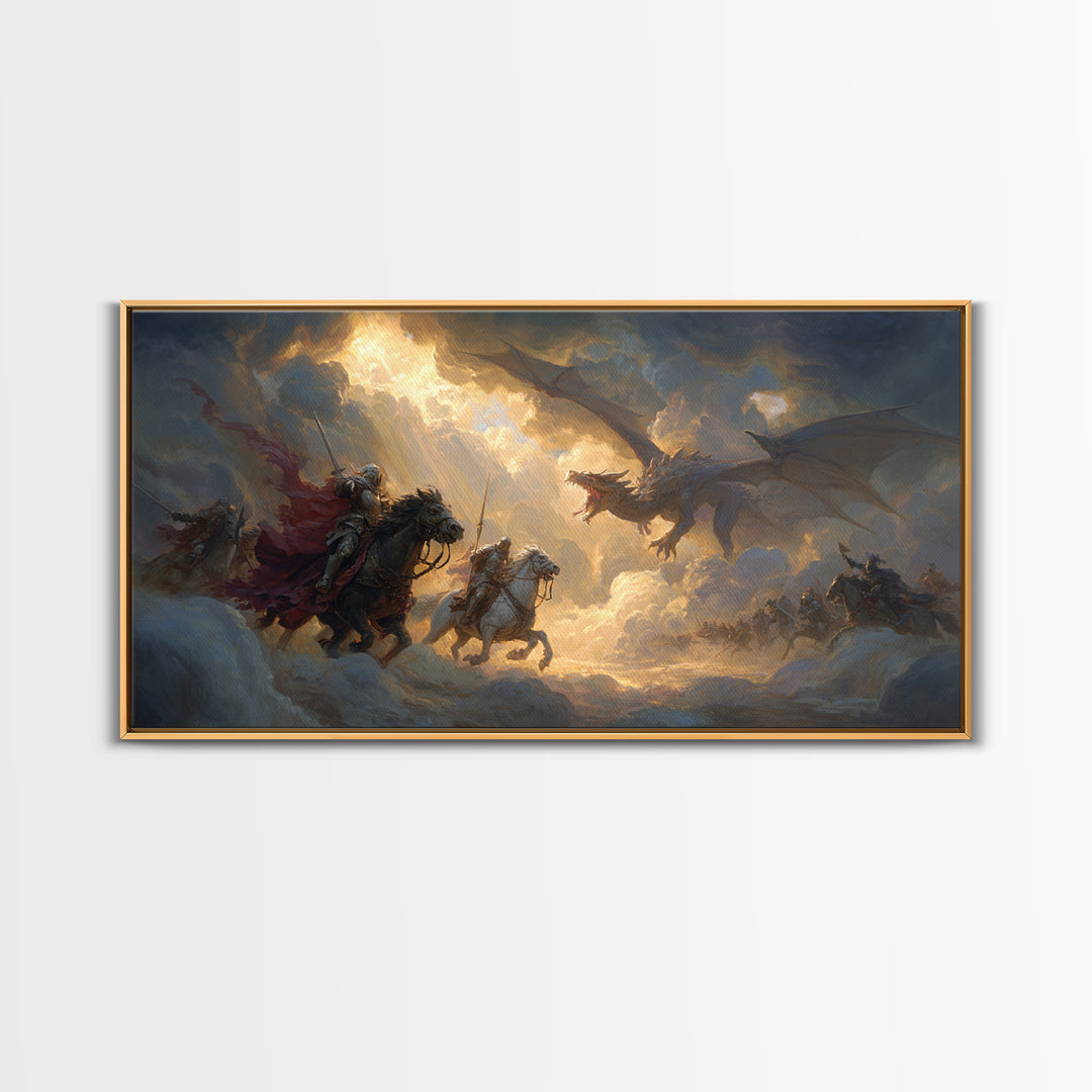 Knights Charging Toward Dragon In Stormy Sky Canvas Print, Epic Fantasy Wall Art For Gamer Room And Medieval Home Decor Gift