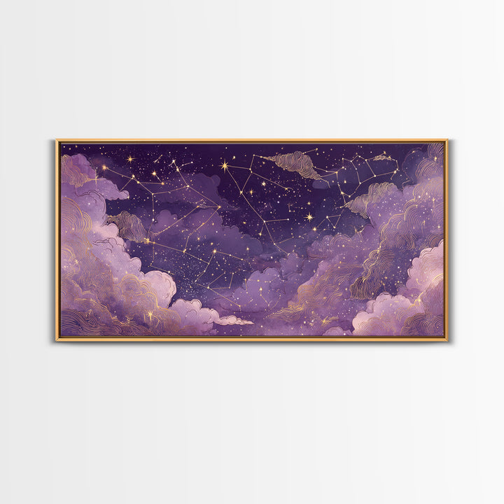 Purple Zodiac Constellation Night Sky Wall Art, Celestial Canvas Print, Astrology Wall Decor, Mystical Bedroom Decor, Gift For Her