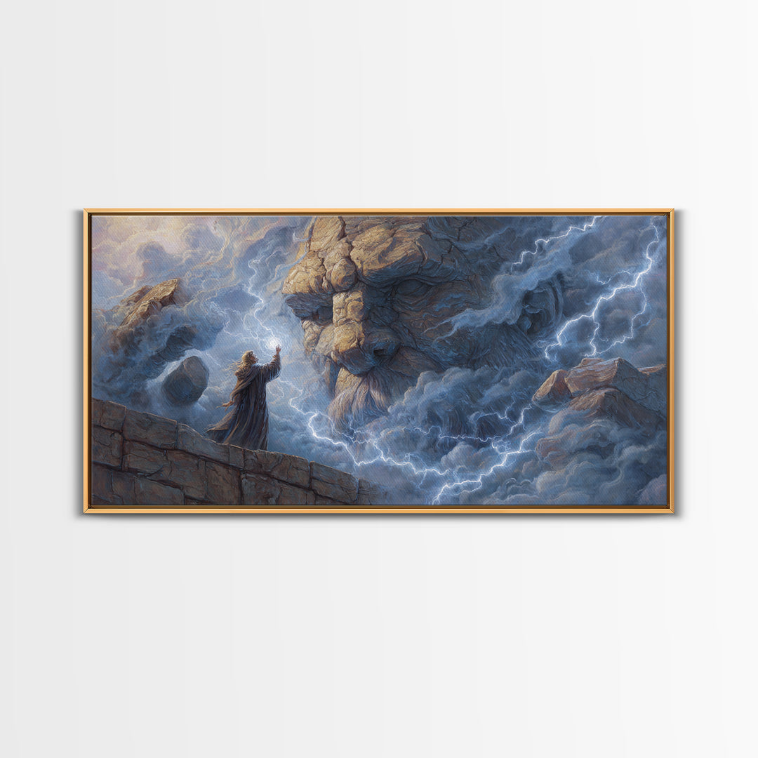 Storm Wizard Summoning Stone Giant Wall Art, Lightning Fantasy Canvas Print For Dark Academia Decor And Dnd Gamer Gift Idea