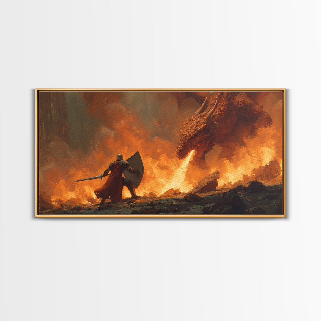 Knight With Shield Against Fire Dragon Wall Art, Epic Fantasy Canvas Print For Medieval Decor And Masculine Office Art Gift