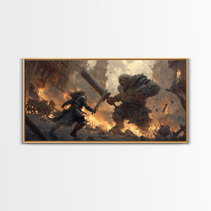 Armored Warrior Battling Giant Troll Canvas Print, Epic Fantasy Wall Art For Gaming Room Decor And Medieval Gift For Him