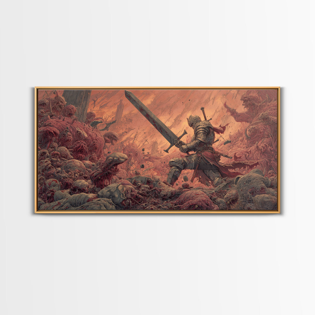 Armored Hero With Giant Sword Wall Art, Surreal Dark Fantasy Canvas Print For Monster Battle Decor And Gothic Gamer Gift