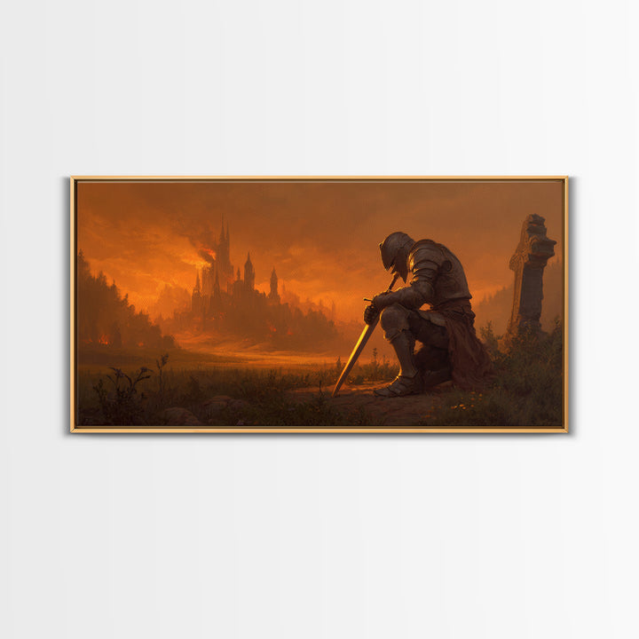Kneeling Knight Before Burning Castle Canvas Print, Dark Fantasy Art, Medieval Landscape, Gothic Wall Decor, Office Decor