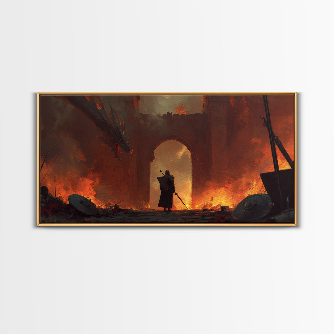 Knight Facing Dragon At Burning Gate Framed Canvas Print, Dark Fantasy Art, Medieval Castle, Gothic Wall Decor, Epic Gift