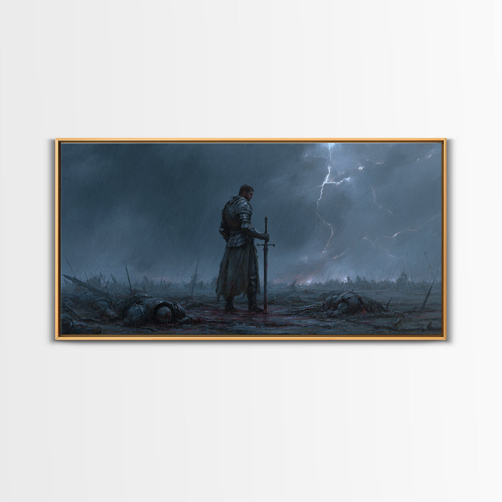 Storm Worn Knight In Rainy Battlefield Wall Art, Dark Fantasy Landscape, Medieval Warrior, Moody Gothic Decor, Canvas Print