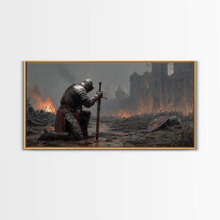 Kneeling Knight In Rainy Battlefield Framed Canvas Print, Dark Fantasy Wall Art, Medieval Castle Office Decor Gift For Him